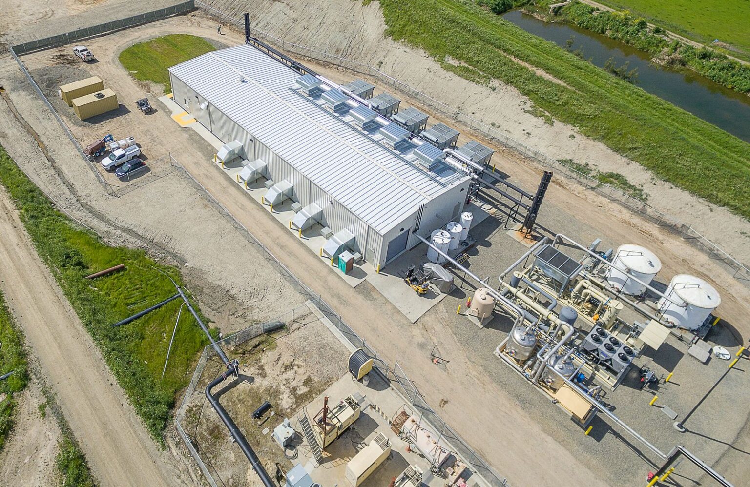 Aerial view of a landfill gas-to-energy power plant