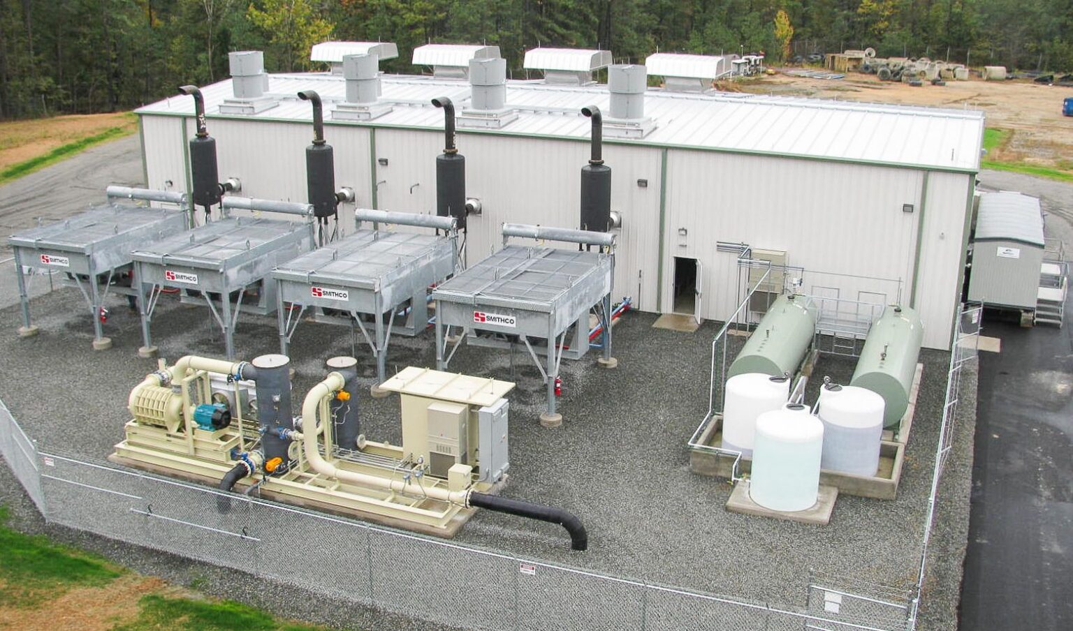 Aerial of radiators and gas skid at a landfill gas-to-energy facility